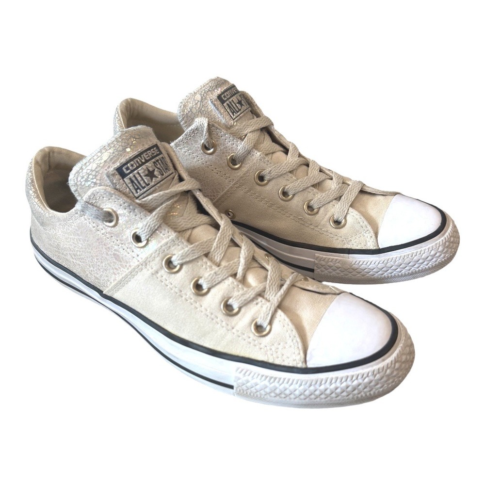 Converse All Star‎ Cream Canvas Iridescent Crackle Leather Low Top Sneakers 10